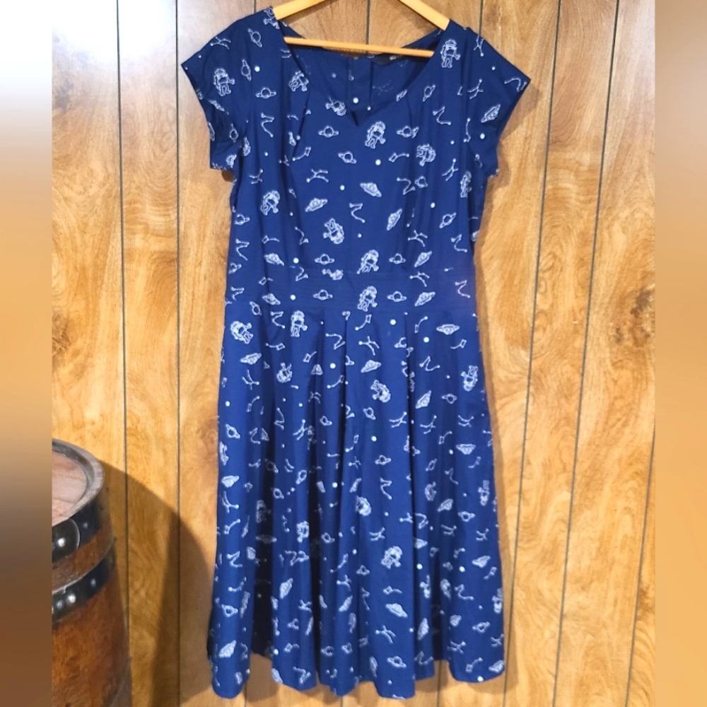 eShakti custom spaceship print pleat neck poplin dress